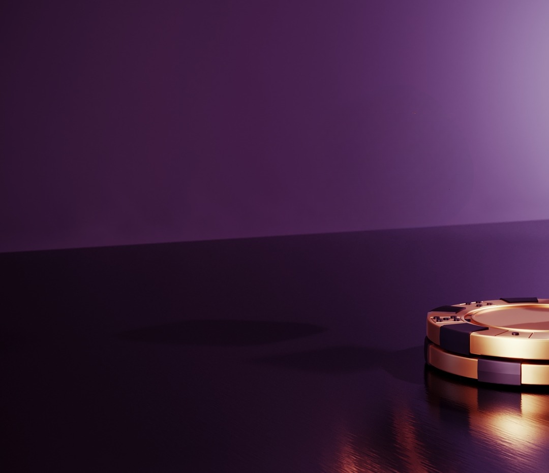 Close-up of gold and dark casino chips on a reflective surface against a purple gradient background, moody lighting