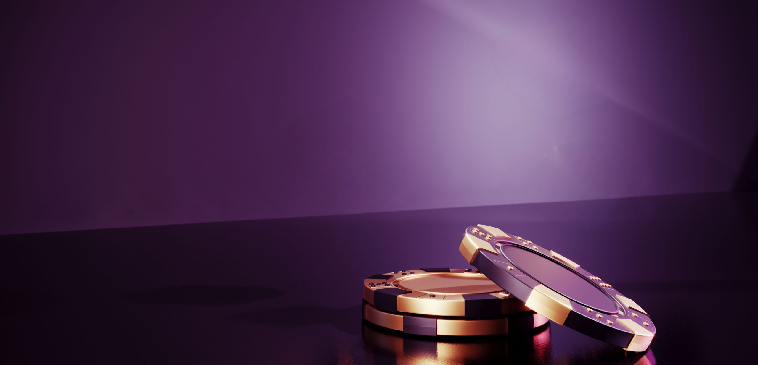 Two stacked round metallic components in gold and dark tones resting on a reflective dark surface against a purple gradient background