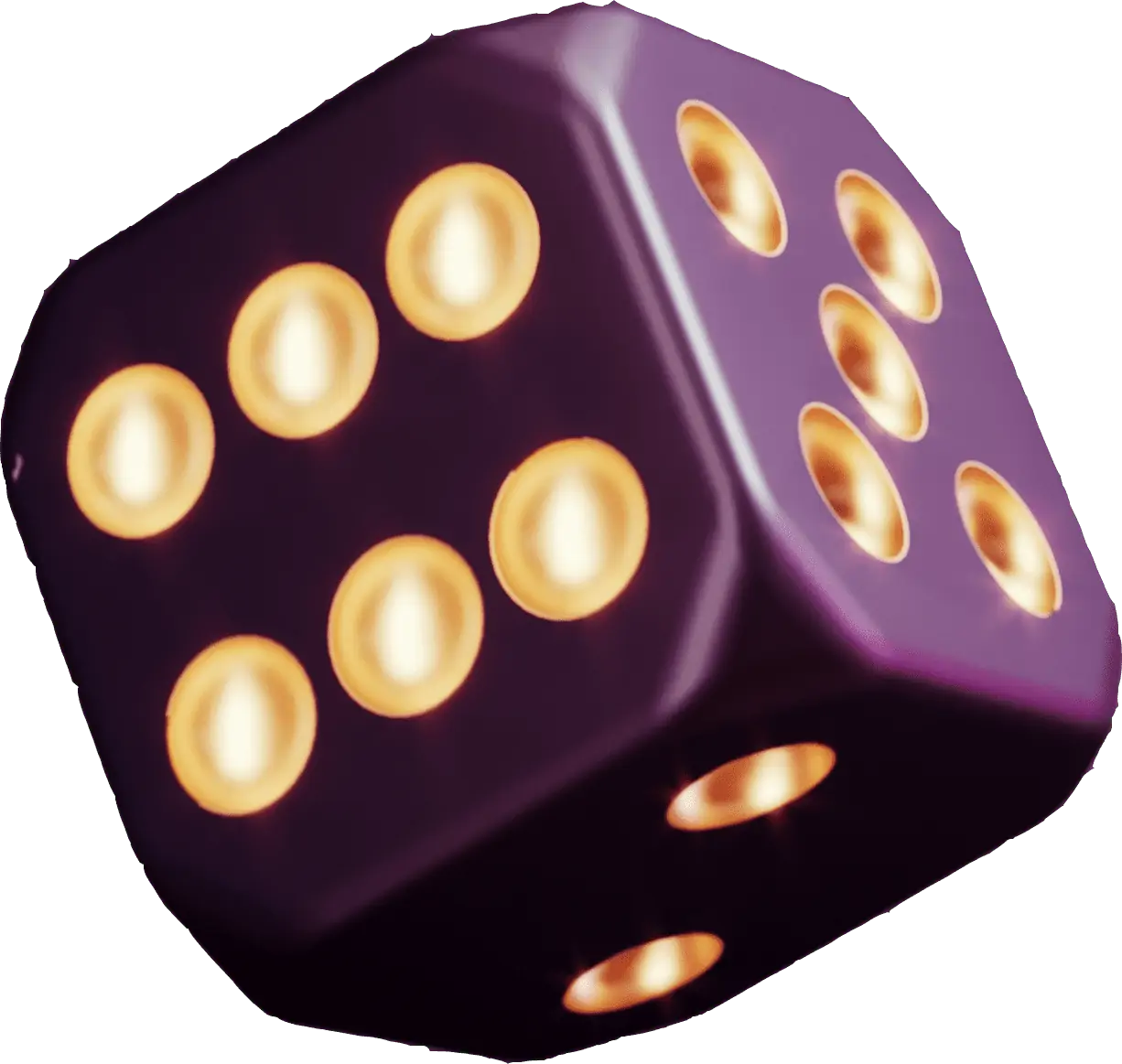 Close-up 3D rendering of a purple and black die with glowing gold pips on a dark green background